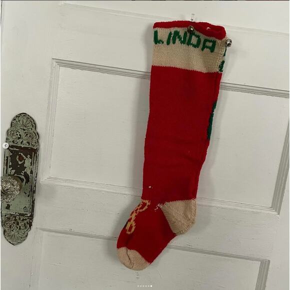 VINTAGE Handmade Stocking LINDA Santa Merry Christmas Angora IMPERFECT Holes - Picture 6 of 6